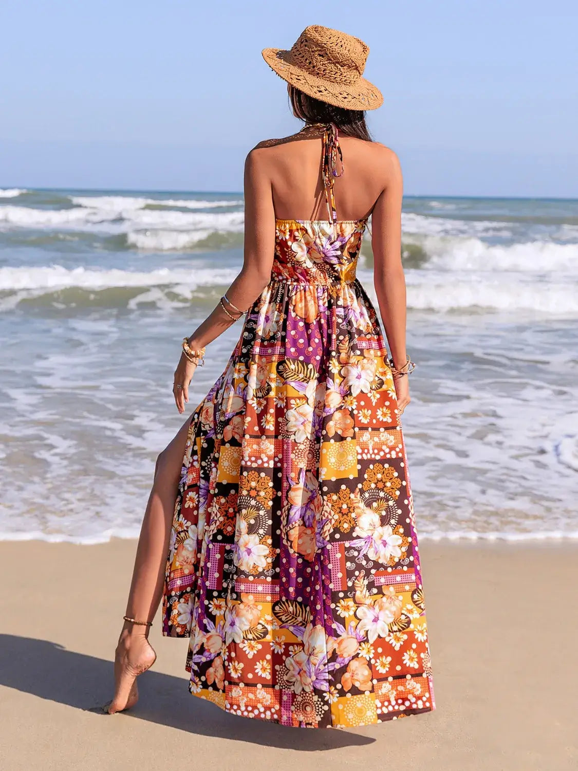 Slit Printed Halter Neck Dress