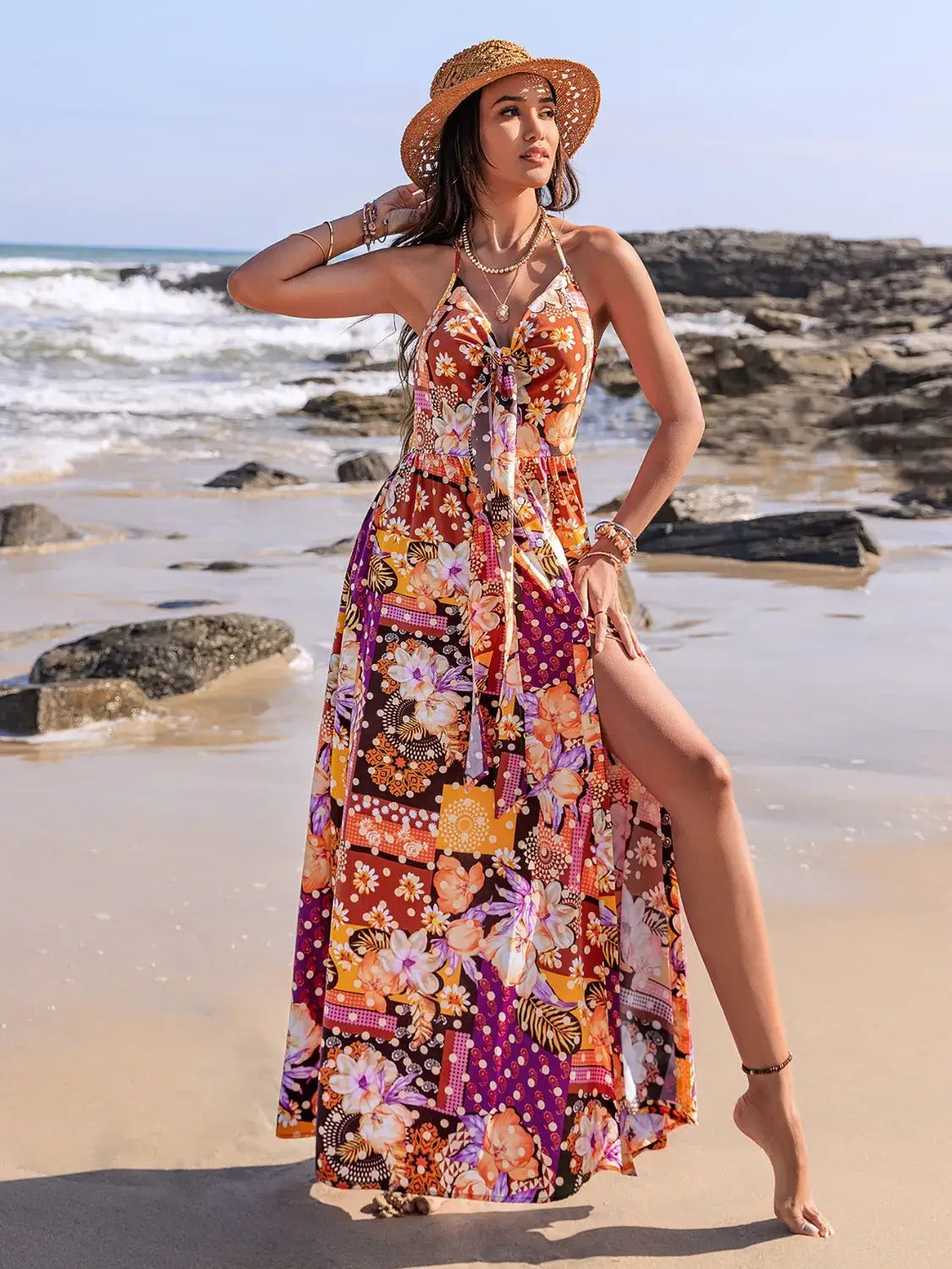 Slit Printed Halter Neck Dress