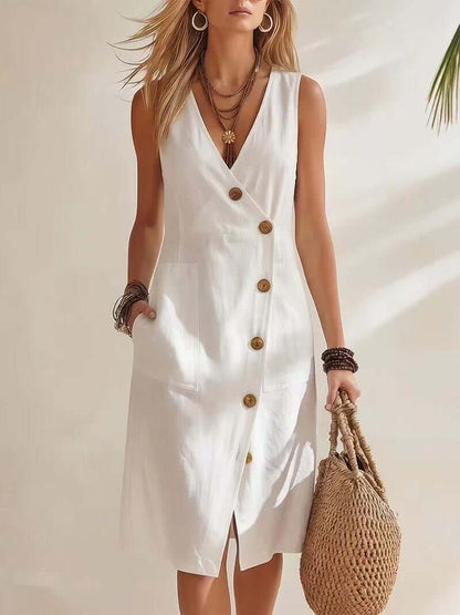V-Neck Asymmetrical Button Midi Dress