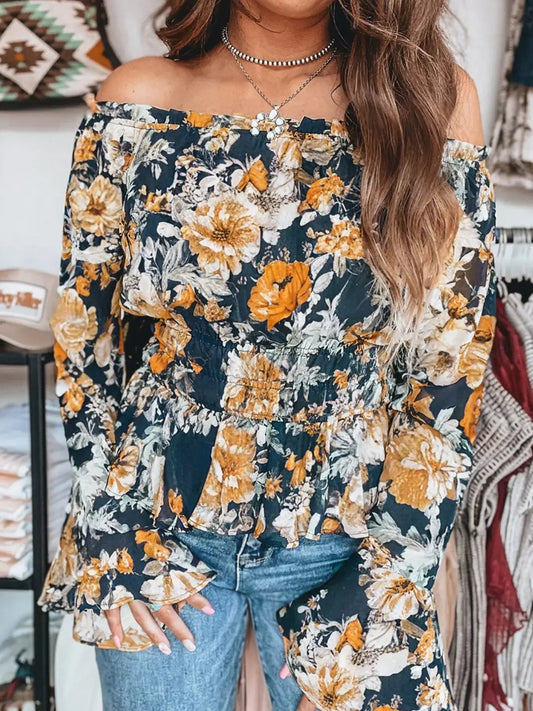 Floral Off-Shoulder Bell Sleeve Peplum Top