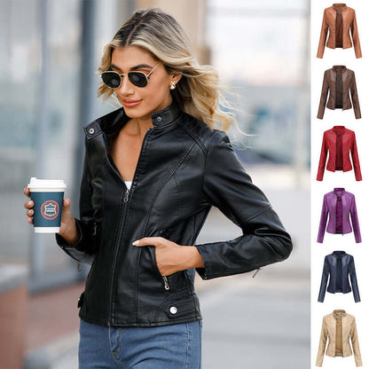 Womens classic leather jacket in black worn by a stylish woman with sunglasses holding coffee, showcasing trendy streetwear.