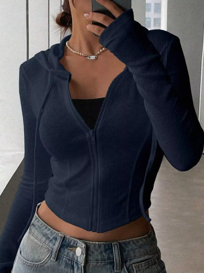 Ribbed Drawstring Zip Top