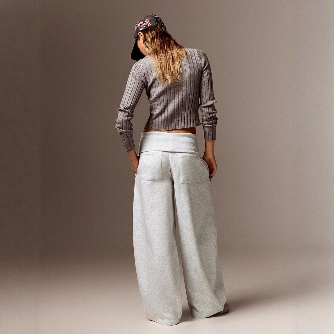 Back view of the gray high-waist wide-leg casual pants on a model