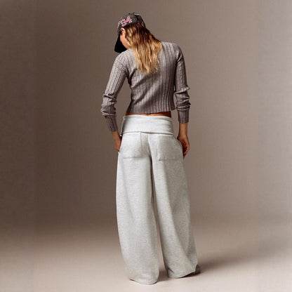 Back view of the gray high-waist wide-leg casual pants on a model