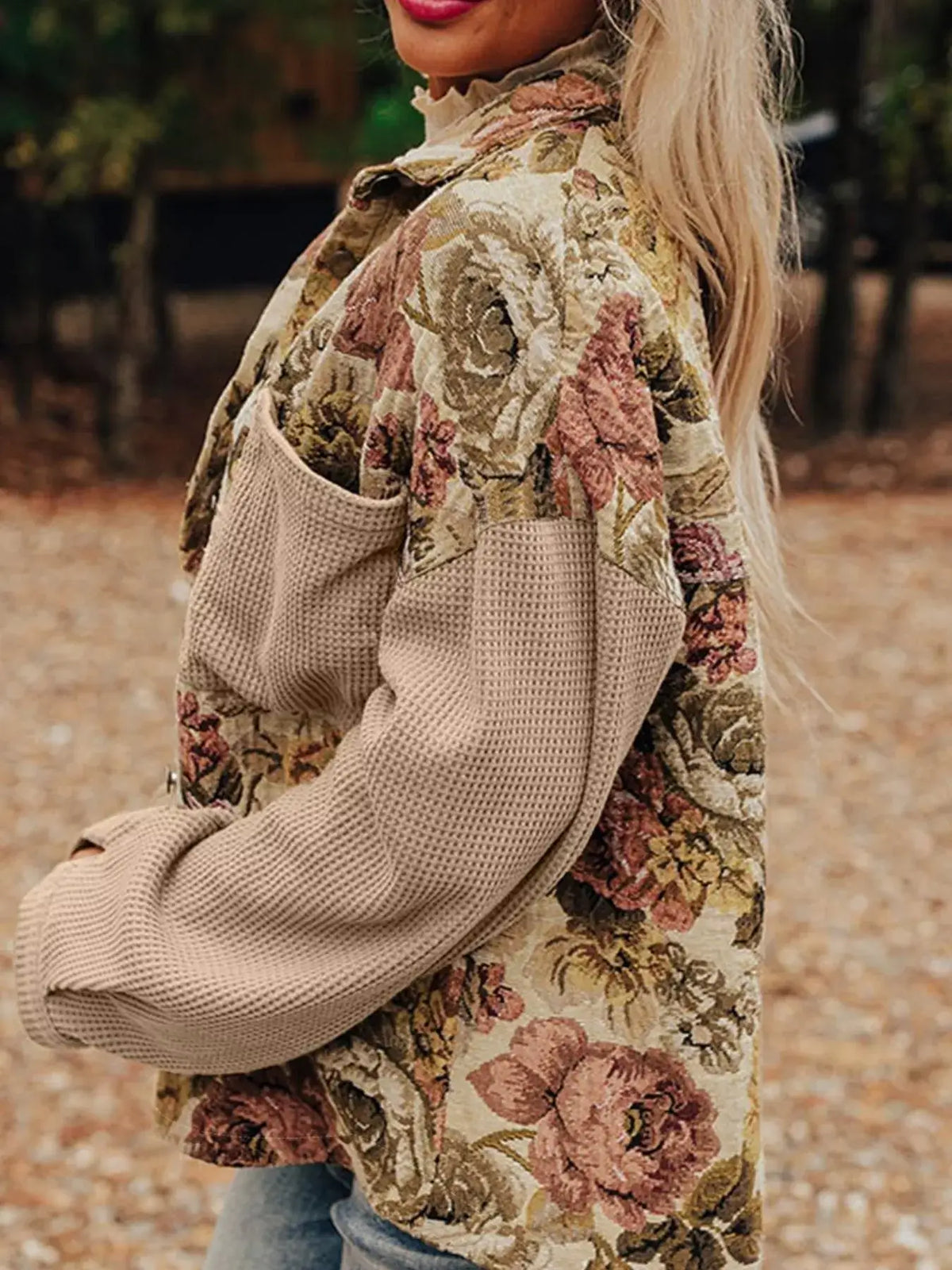 Floral Waffle Knit Patchwork Jacket