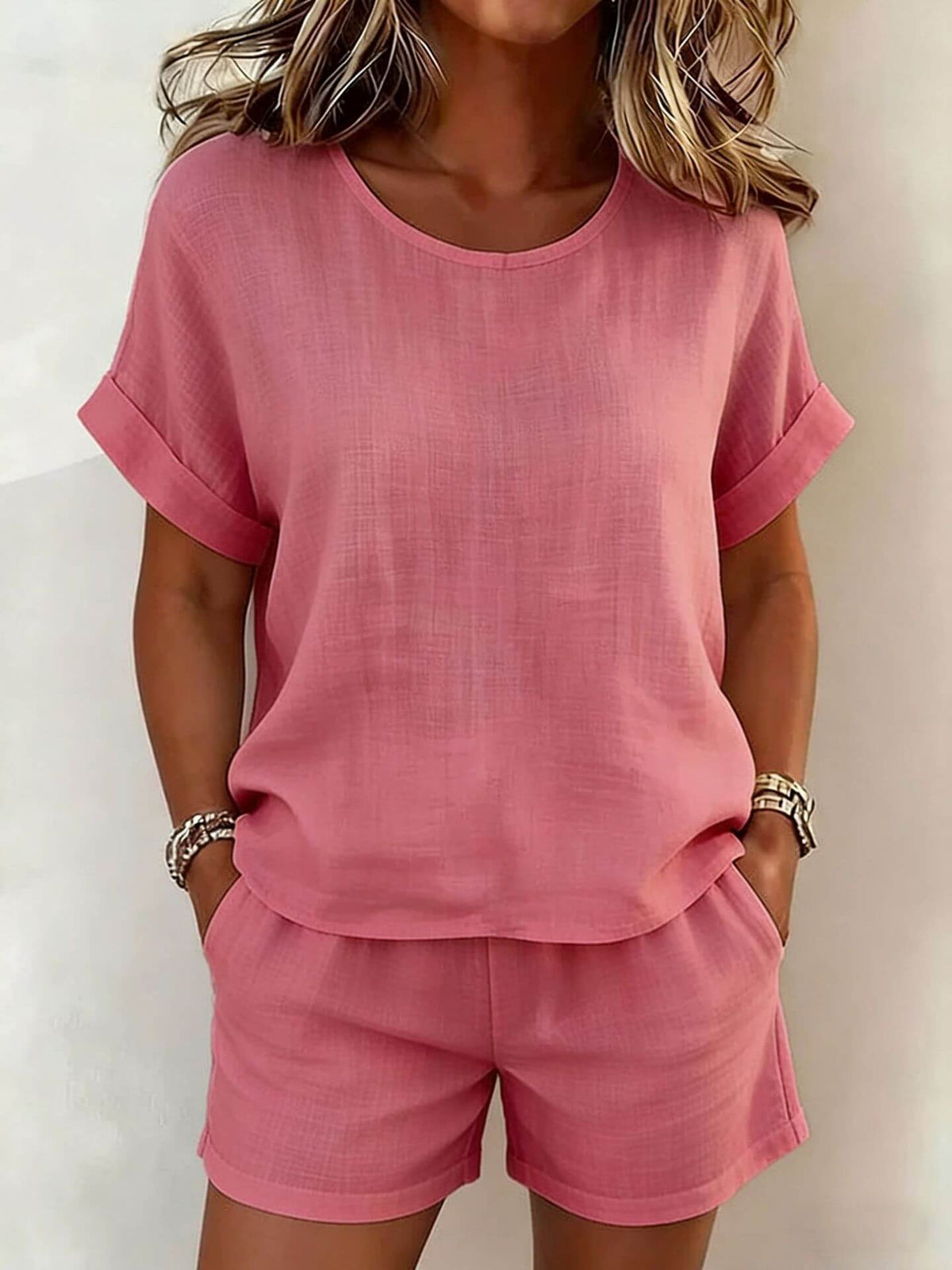 Solid-Color Cotton-Linen Shorts Set