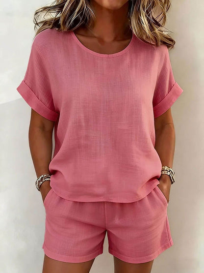 Solid-Color Cotton-Linen Shorts Set
