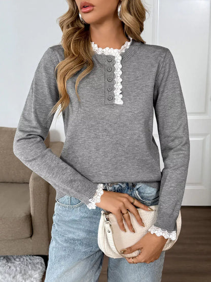 Lace Trim Button Detail Knit Top