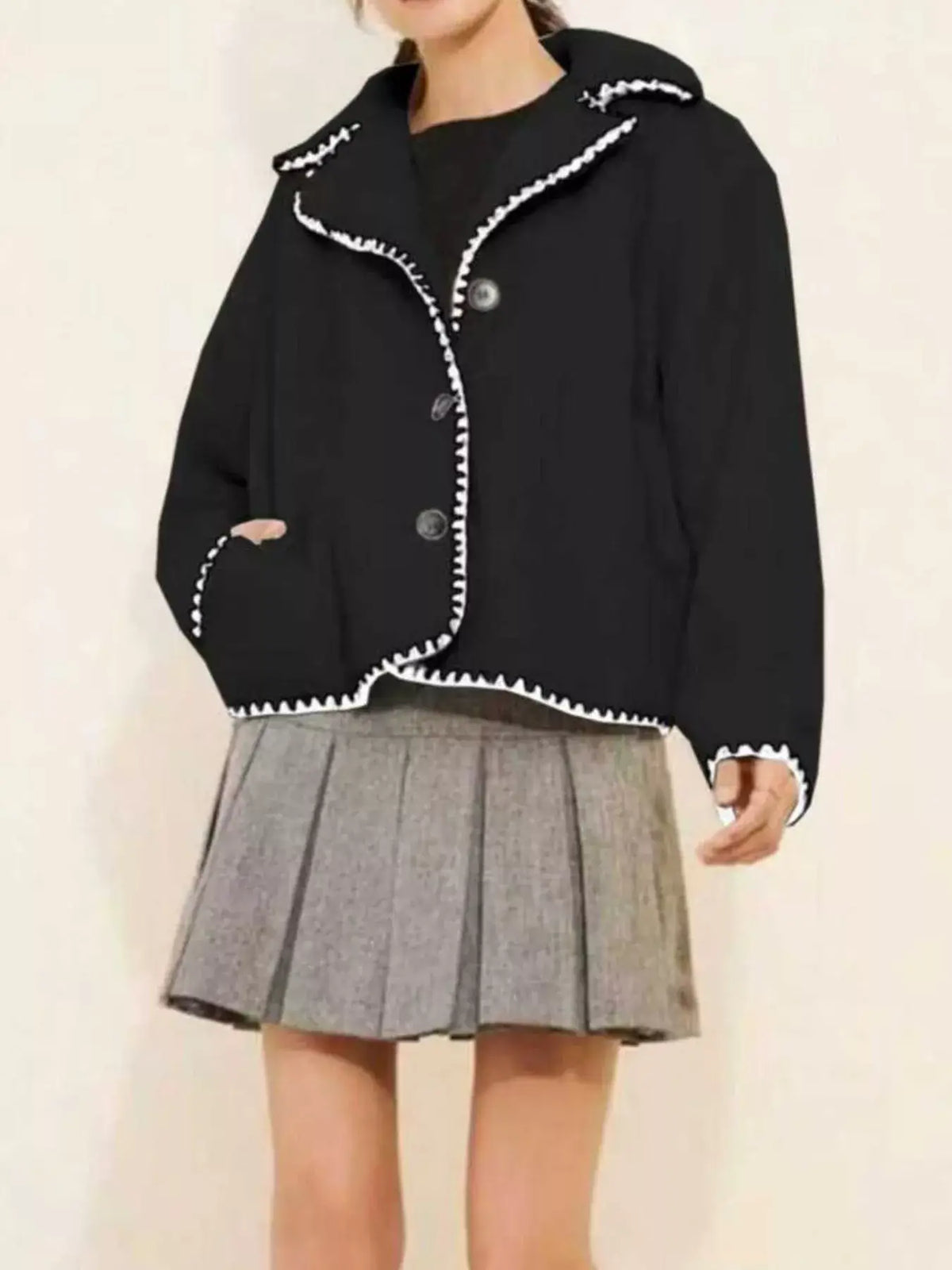 Sherpa Contrast-Trim Button-Up Outerwear