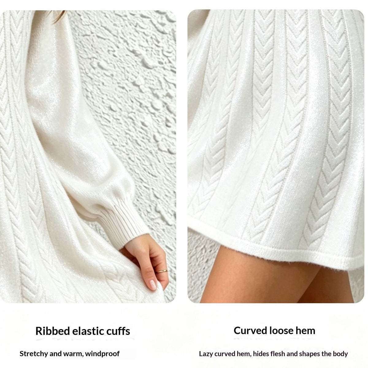 Detail of the ribbed elastic cuffs and curved loose hem on the cream cable-knit dress