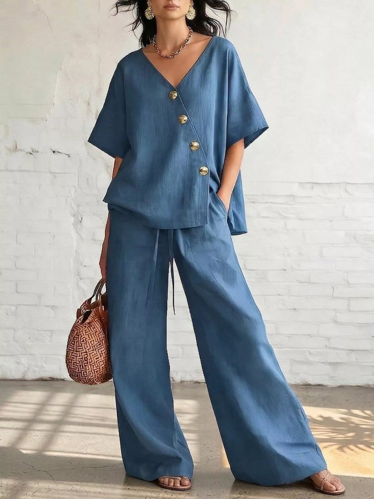 Plus Size Surplice Wide-Leg Pants Set