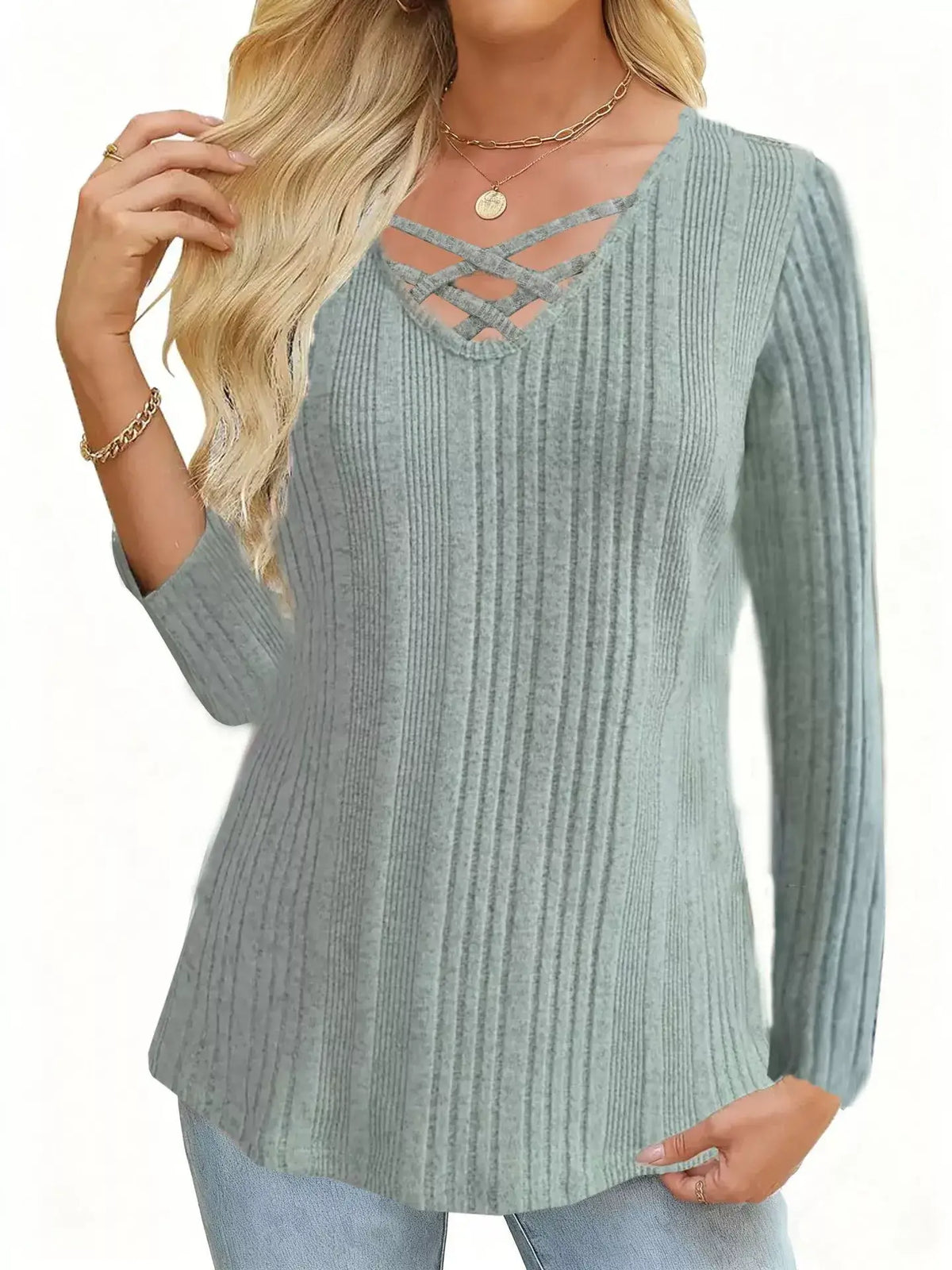 Crisscross V-Neck Ribbed Knit Top
