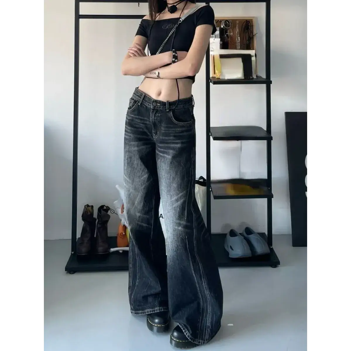 High-Waisted Wide-Leg Denim Pants
