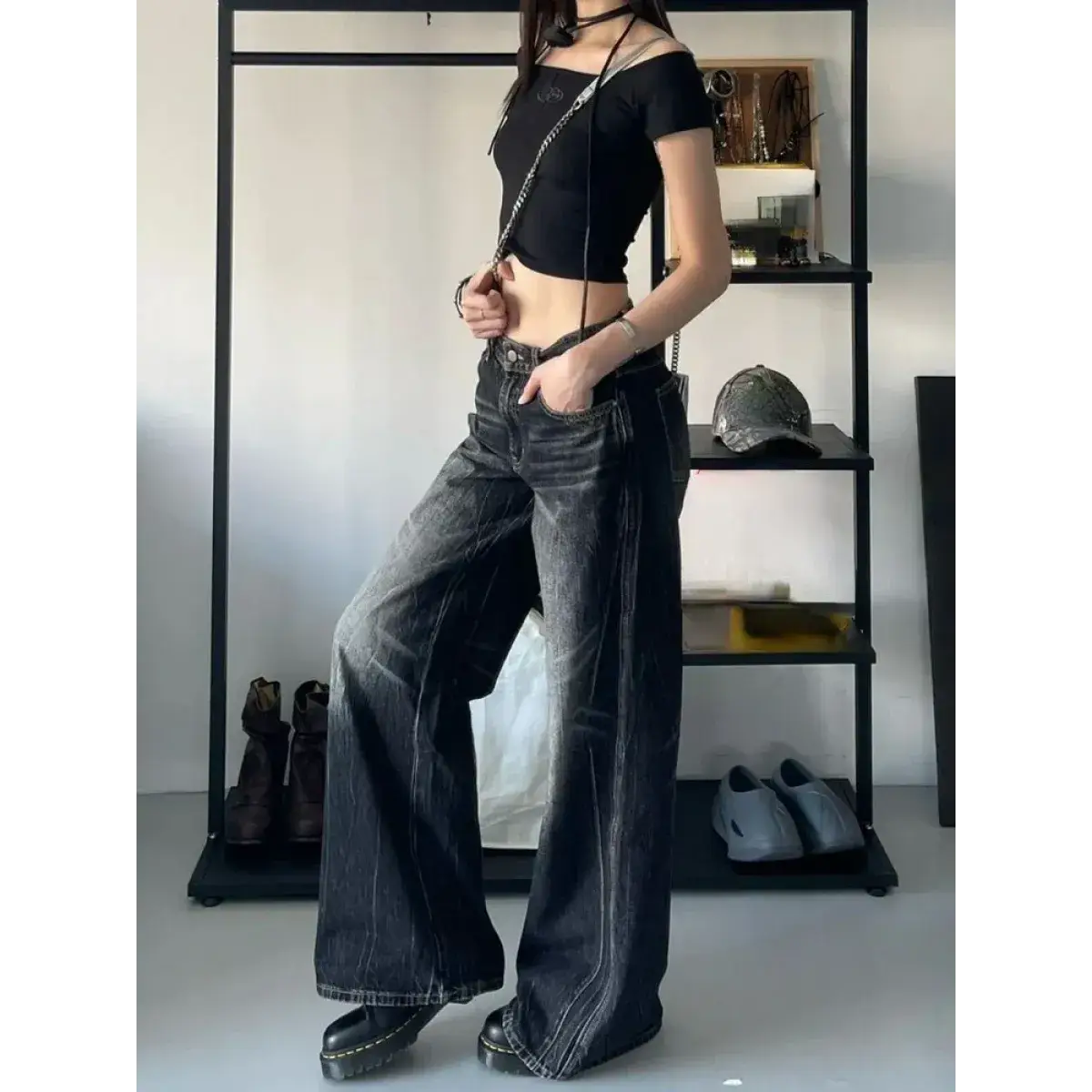 High-Waisted Wide-Leg Denim Pants