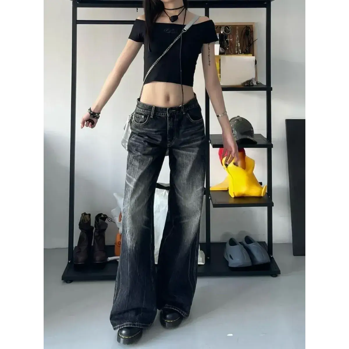 High-Waisted Wide-Leg Denim Pants