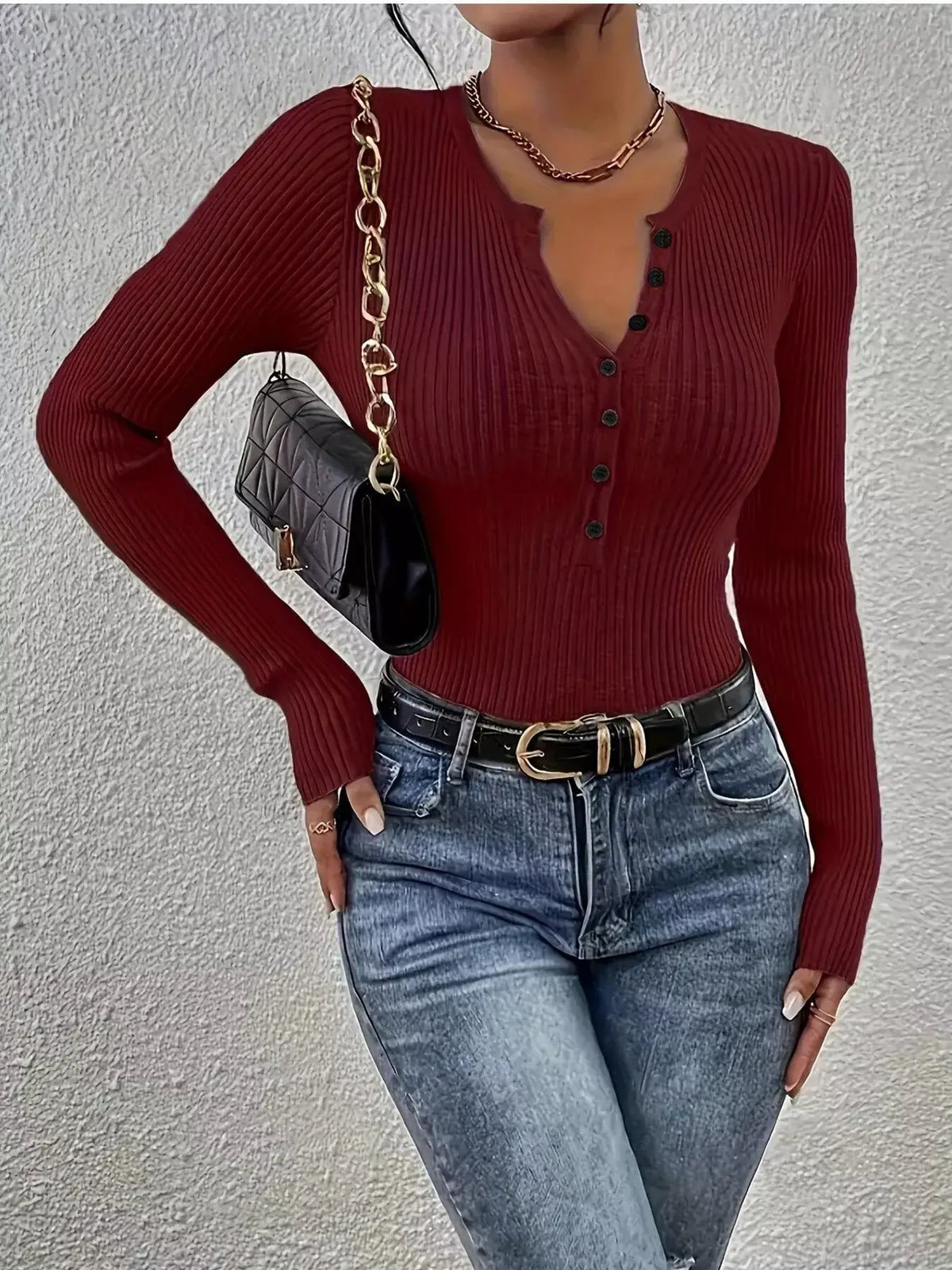 Ribbed Knit Button-Front Top