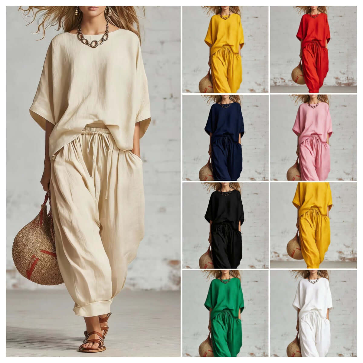 Women's casual t-shirt and ankle pants set in various colors including beige, yellow, red, navy, pink, black, and green.