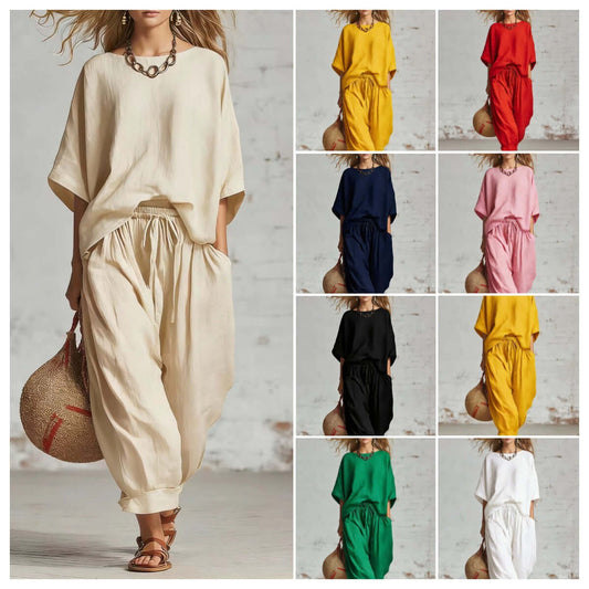 Women's casual t-shirt and ankle pants set in various colors including beige, yellow, red, navy, pink, black, and green.