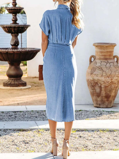 Elegant Button-Up Short Sleeve Dress in light denim, showcasing a stylish and relaxed fit, perfect for women's fashion.