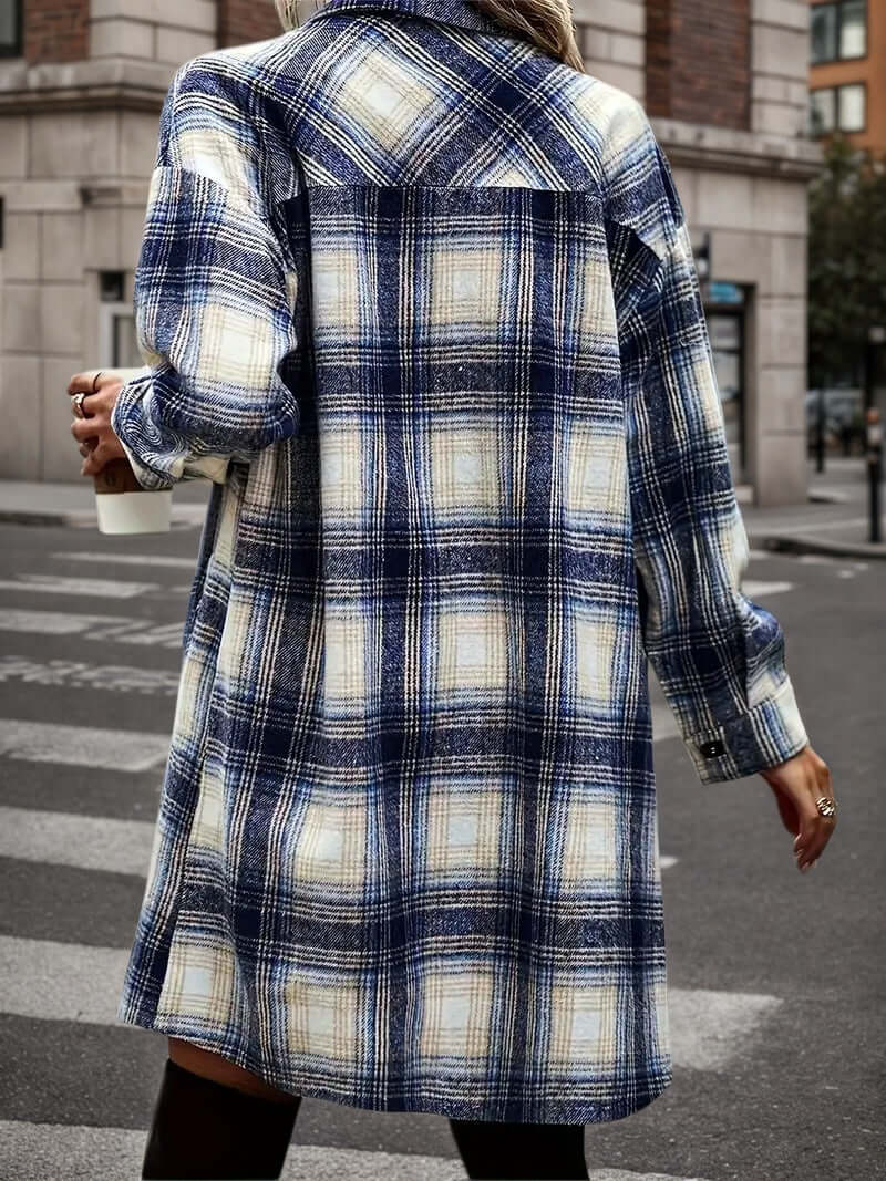 women's plaid shacket outfit featuring a stylish oversized flannel shirt in blue and cream colors.