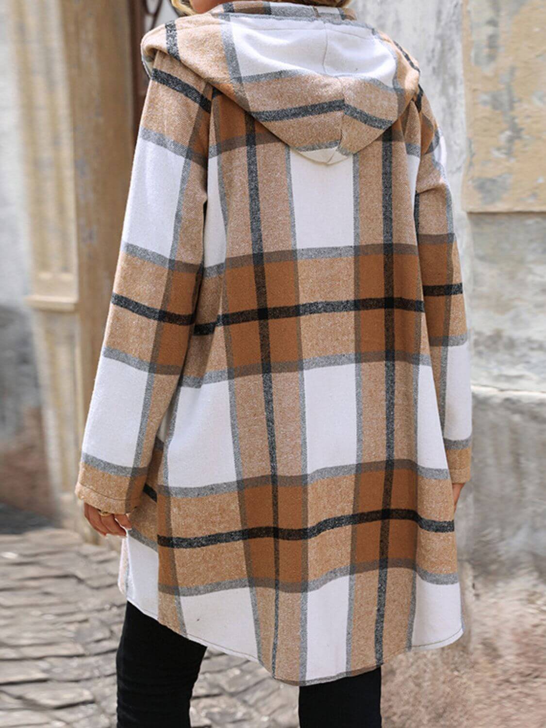 Plaid Drawstring Hooded Zip-Up Outerwear