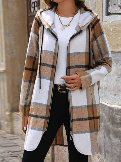 Plaid Drawstring Hooded Zip-Up Outerwear