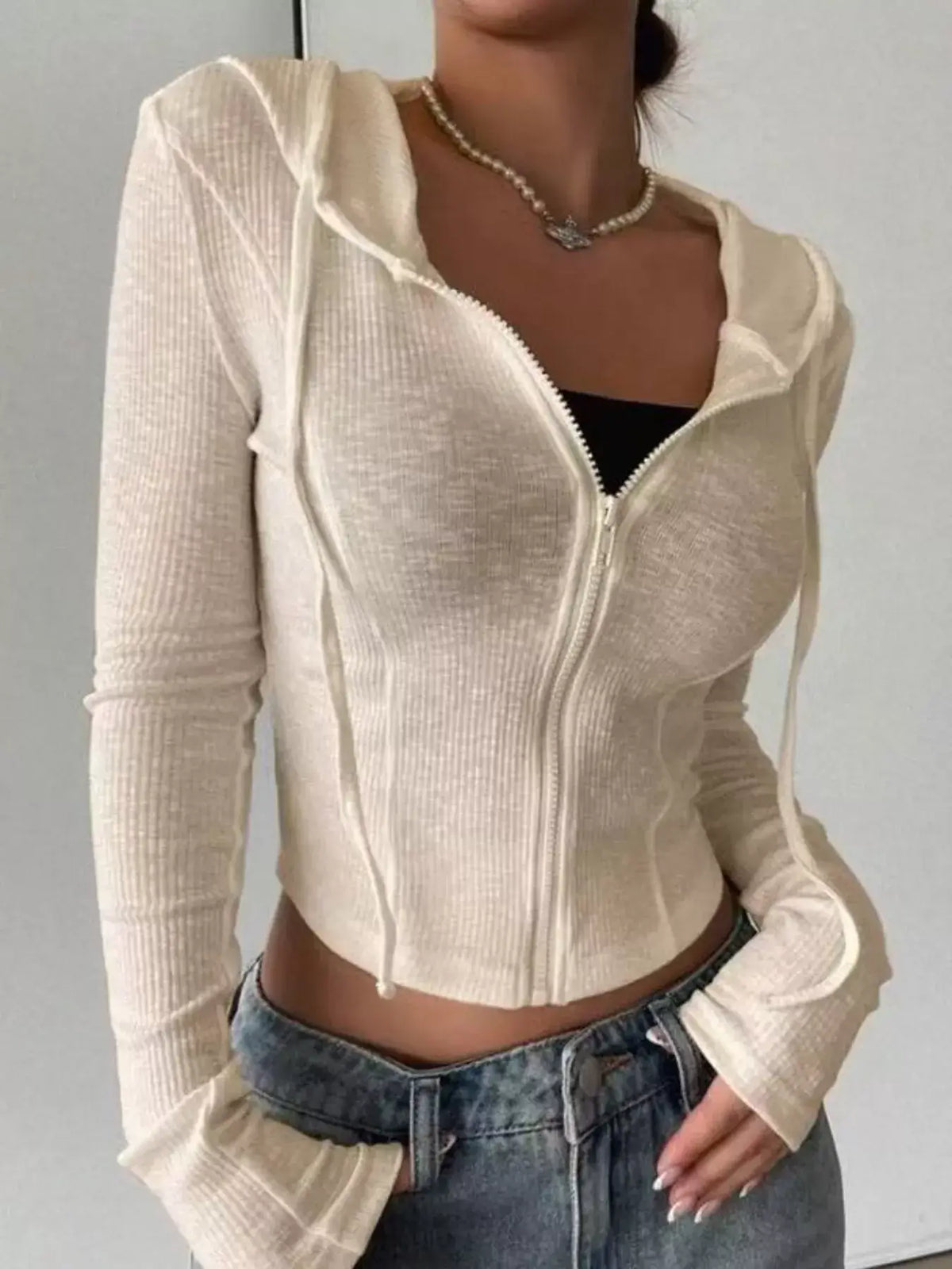 Ribbed Drawstring Zip Top