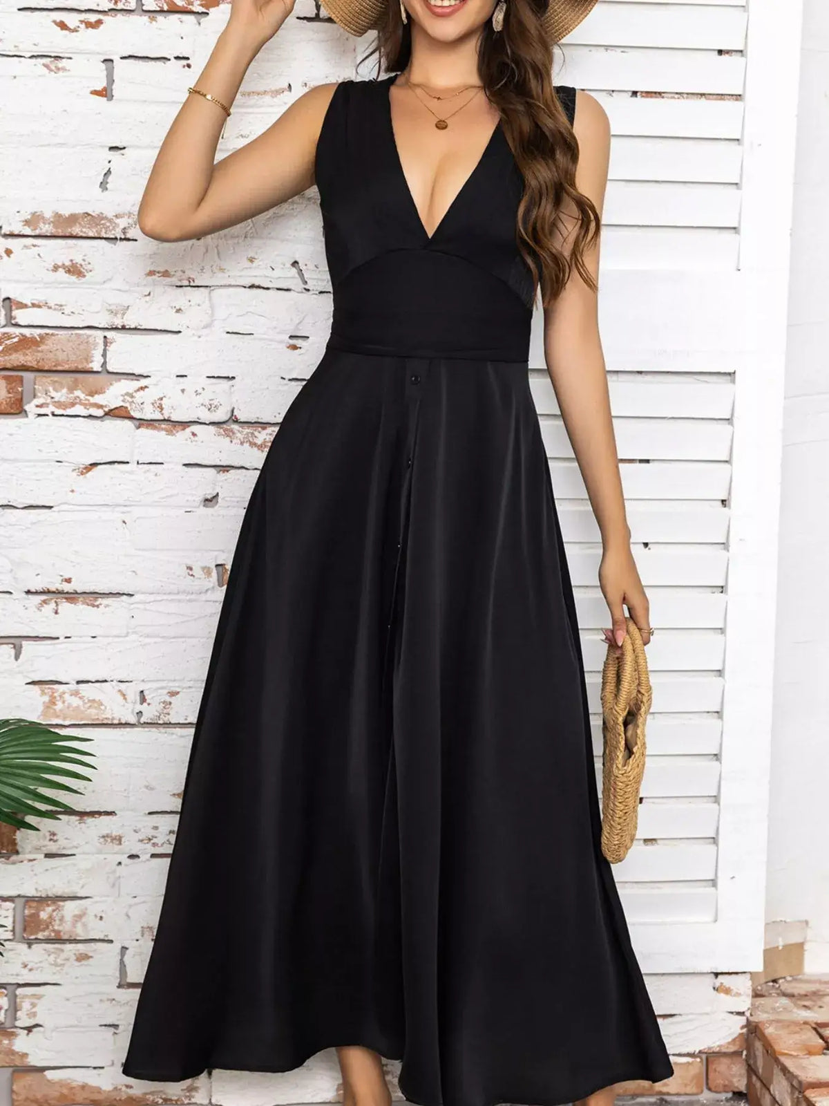 Full-Size Slit V-Neck Sleeveless Dress