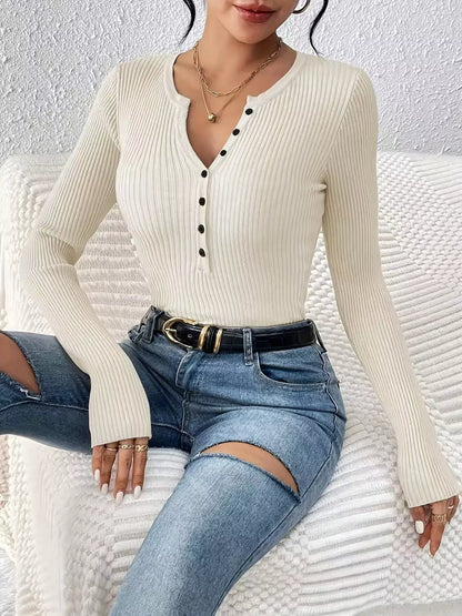 Ribbed Knit Button-Front Top