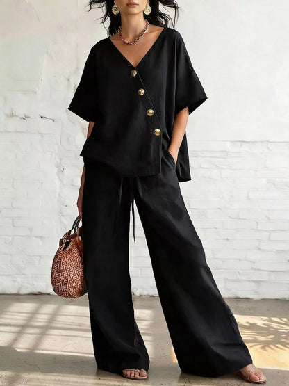 Plus Size Surplice Wide-Leg Pants Set