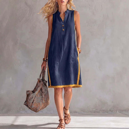 Womens v-neck button-front midi dress in navy with a stylish design and pocket, perfect for casual outings.