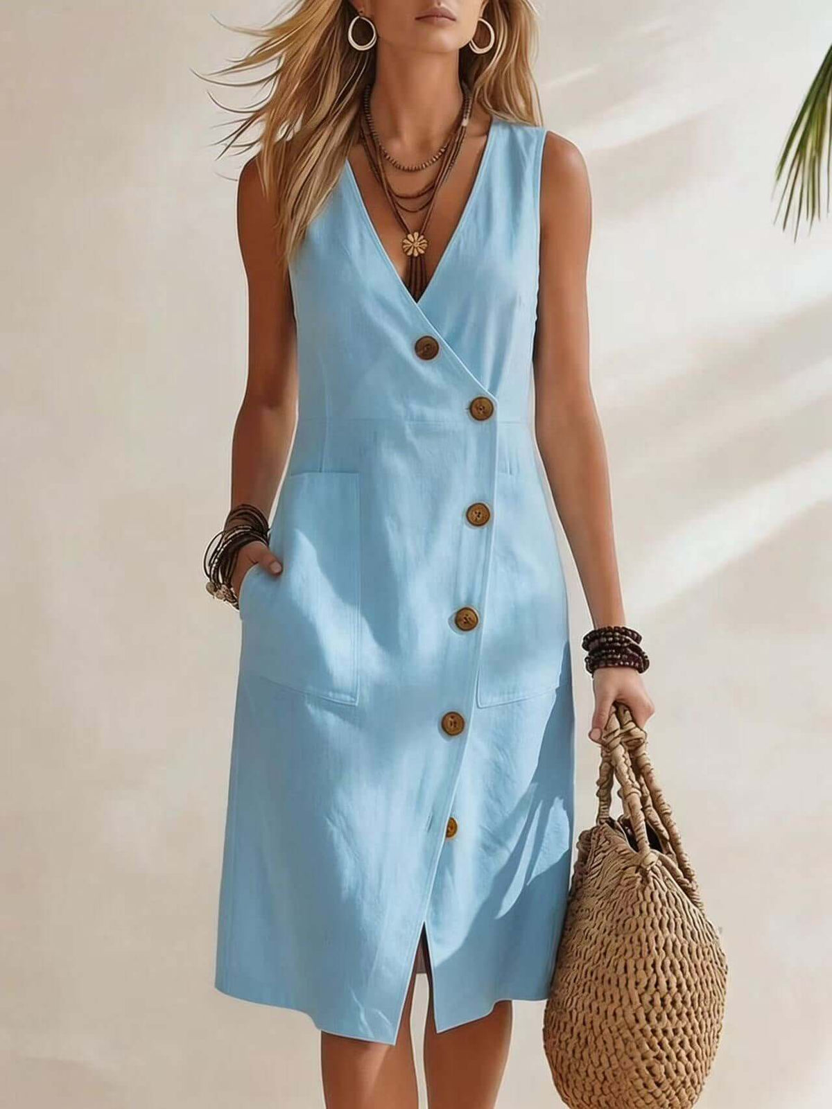 V-Neck Asymmetrical Button Midi Dress