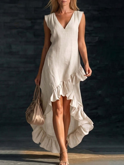 cotton sleeveless casual dress for women with ruffled hem and V-neckline in a light color