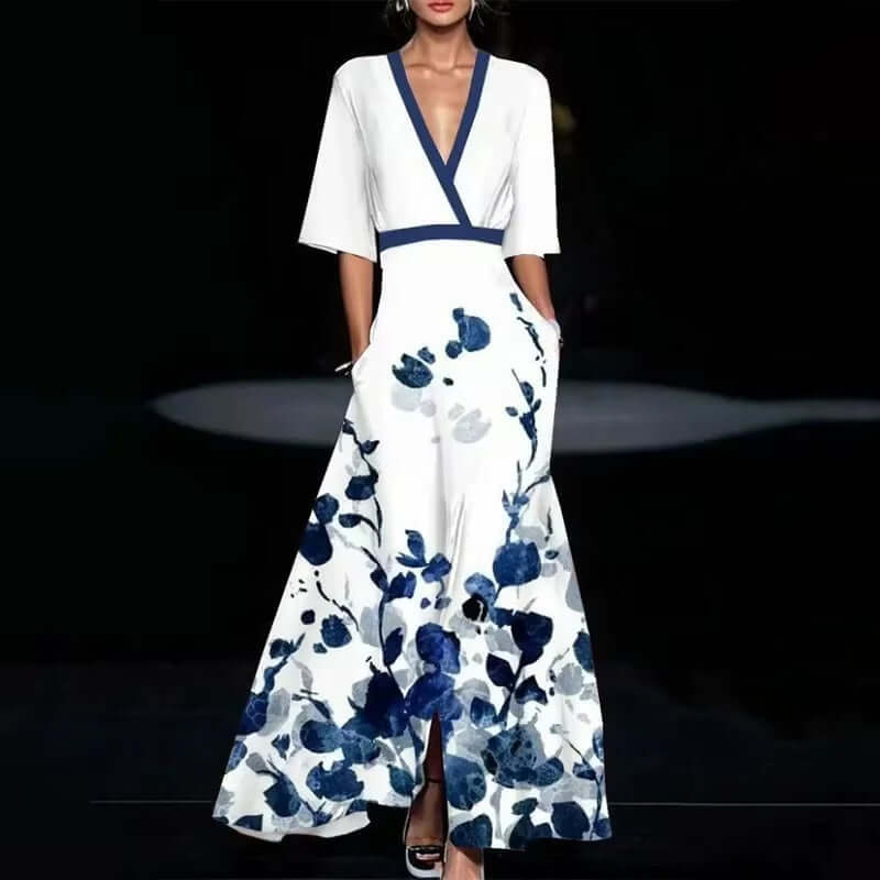 Deep V-Neck Belted Print Dress