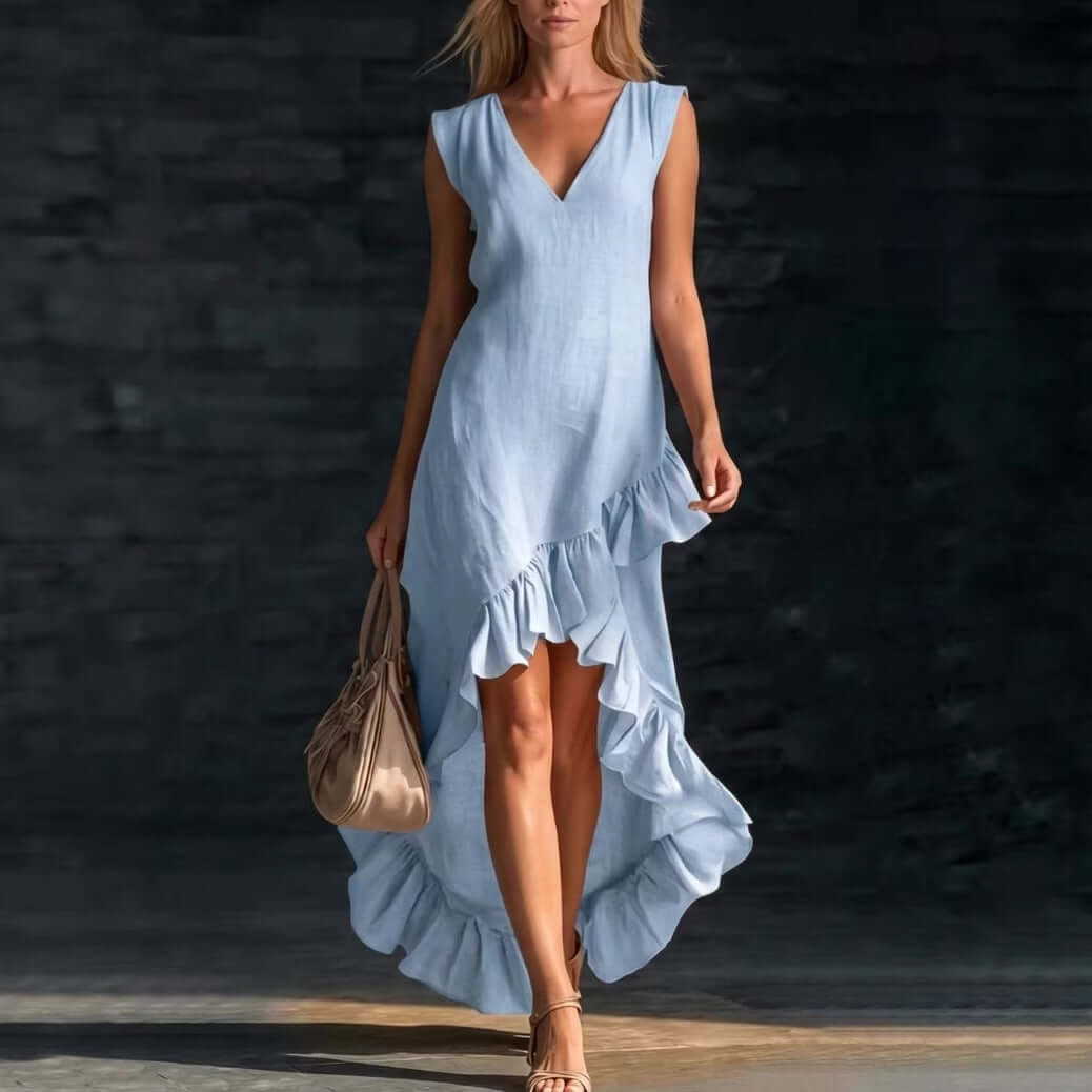 Cotton sleeveless casual dress for women in light blue with ruffled hem, ideal for warm weather outings.