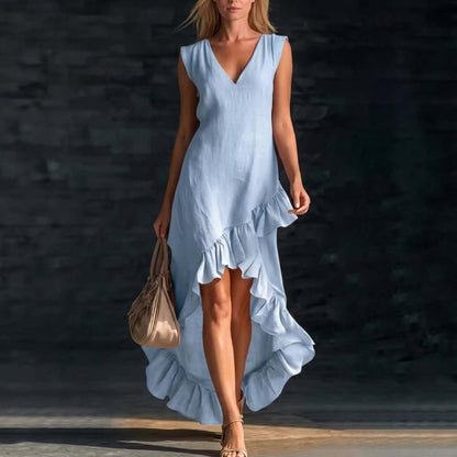 Cotton sleeveless casual dress for women in light blue with ruffled hem, ideal for warm weather outings.