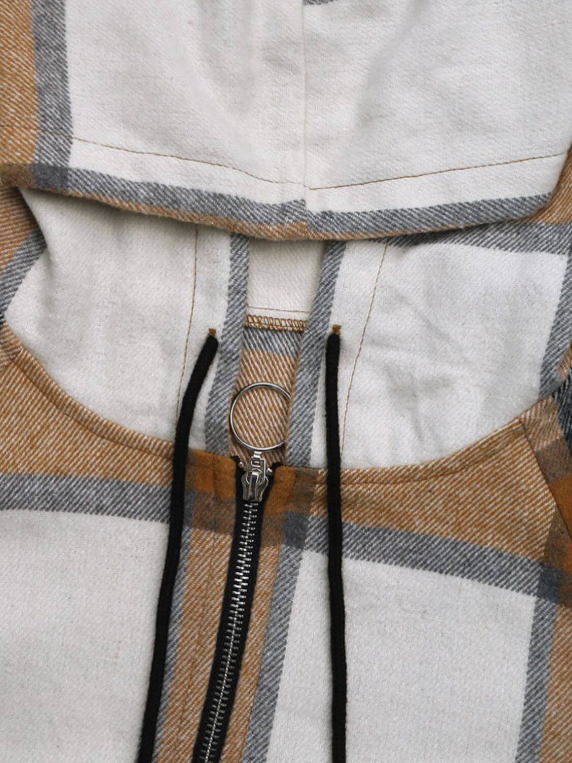 Plaid Drawstring Hooded Zip-Up Outerwear