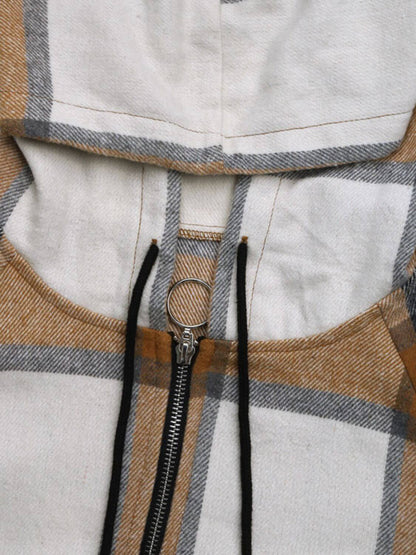 Plaid Drawstring Hooded Zip-Up Outerwear