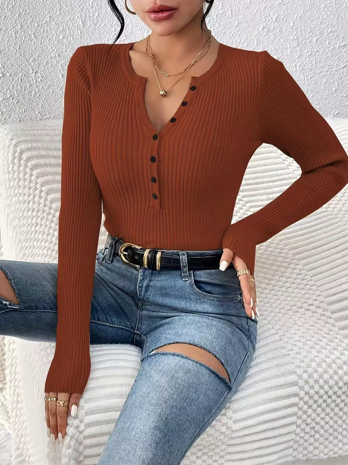 Ribbed Knit Button-Front Top