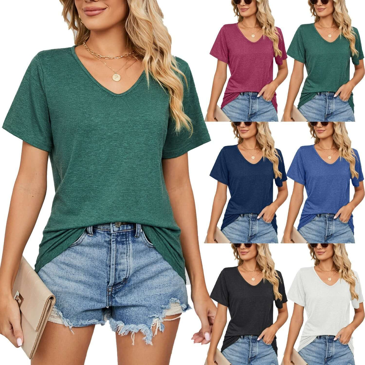 Women's loose-fit summer t-shirt in multiple colors, styled with denim shorts for casual summer outfits.