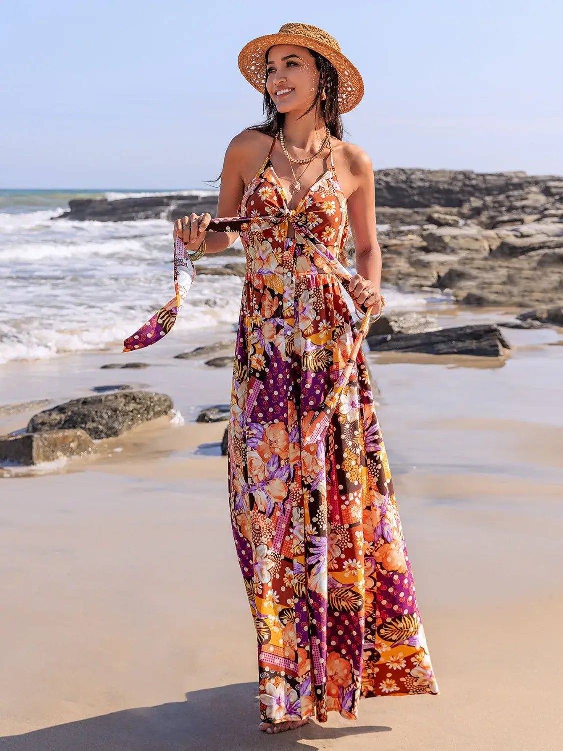 Slit Printed Halter Neck Dress