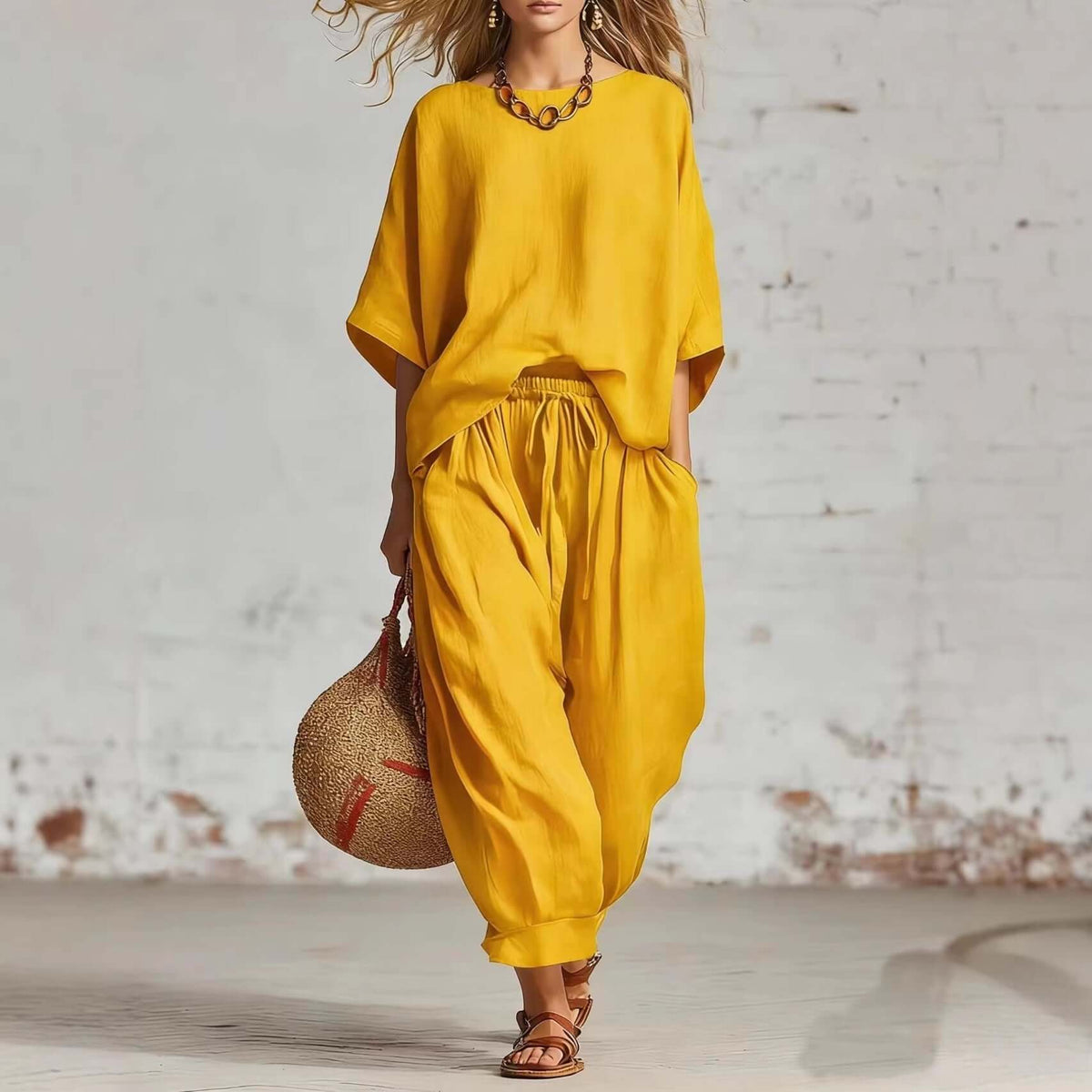 Women's casual t-shirt and ankle pants set in vibrant yellow, featuring a relaxed fit and stylish accessory.