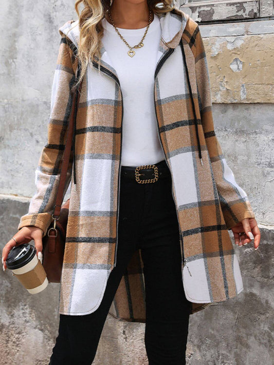 Plaid Drawstring Hooded Zip-Up Outerwear