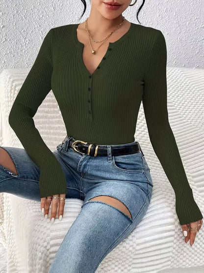 Ribbed Knit Button-Front Top