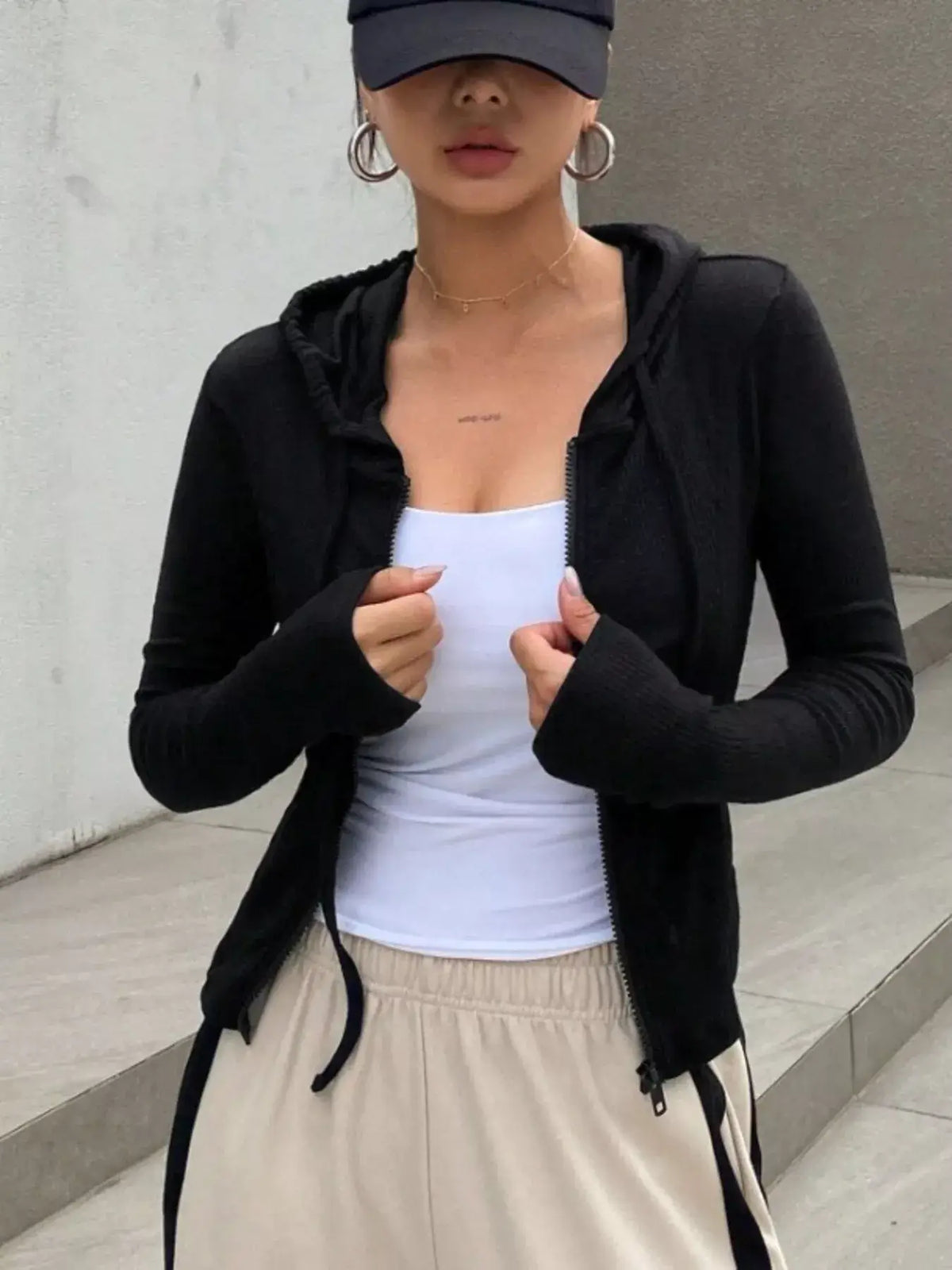Ribbed Drawstring Zip Top