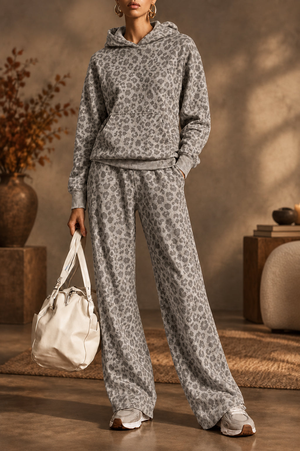 Model wearing a gray leopard print hoodie and wide-leg pants set