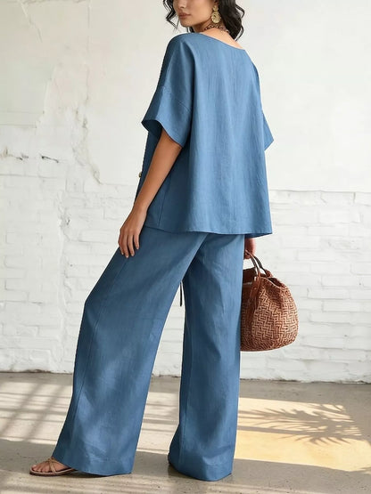 Plus Size Surplice Wide-Leg Pants Set