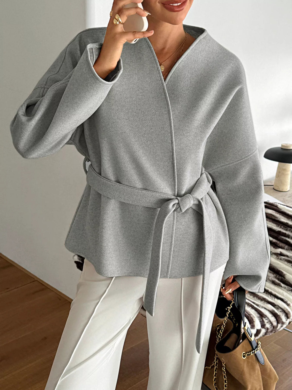 Surplice Tie-Belt Dropped-Shoulder Outerwear