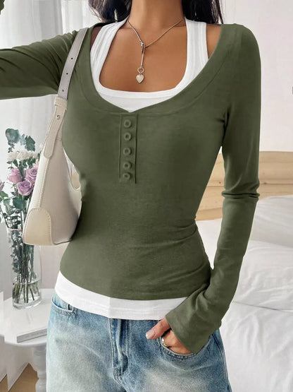 Contrast Long-Sleeve Two-Piece T-Shirt