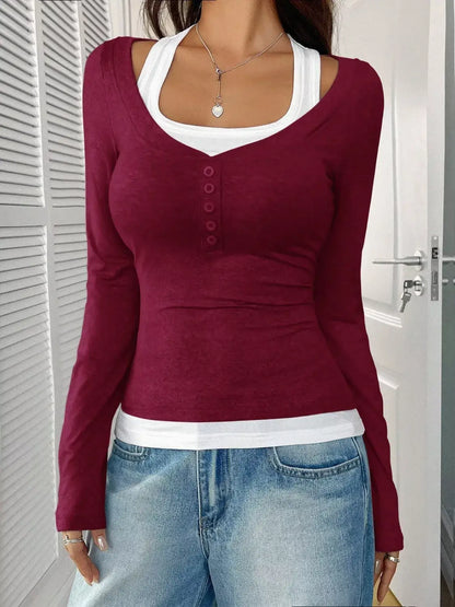 Contrast Long-Sleeve Two-Piece T-Shirt